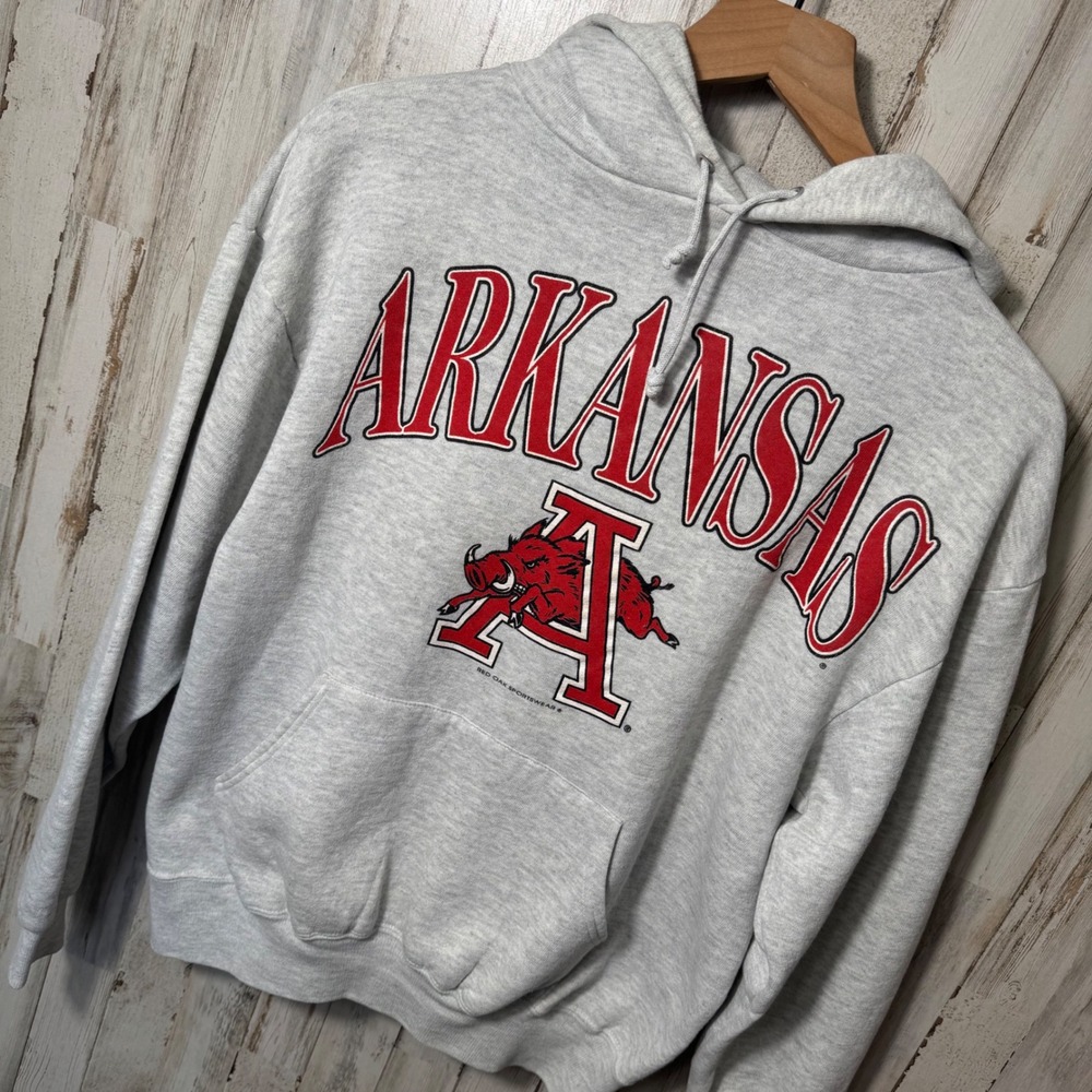Vintage 90s Arkansas Razorbacks‎ Jerzees Gray Red Hoodie Sweatshirt Mens Medium